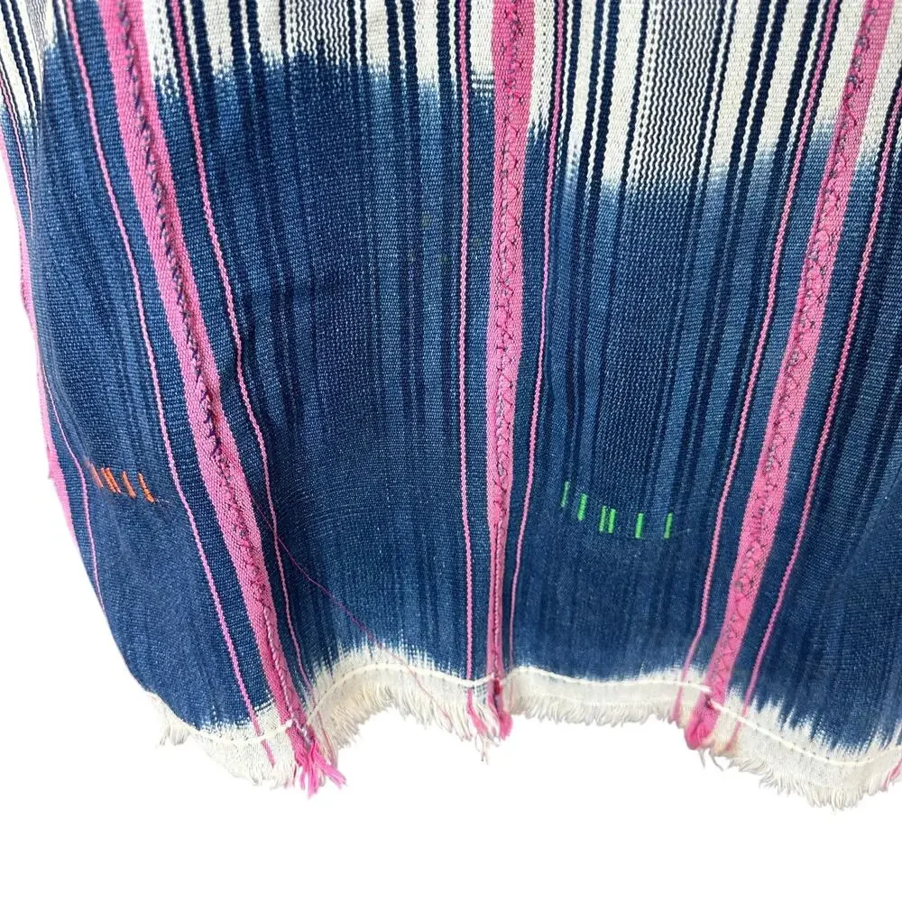Striped Woven Textile Throw Pink Navy Cream Fringe Boho Global Eclectic Decor